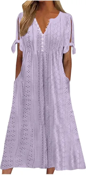 Womens Summer Dresses Casual Eyelet Boho Maxi Dress Flowy Button V-Neck Beach Sundress Trendy Long Dress with Pockets