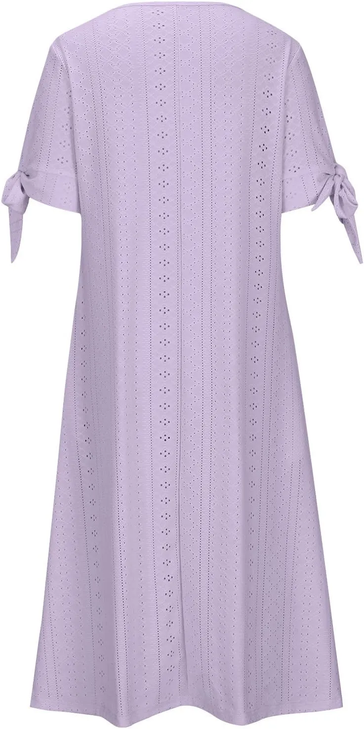Womens Summer Dresses Casual Eyelet Boho Maxi Dress Flowy Button V-Neck Beach Sundress Trendy Long Dress with Pockets
