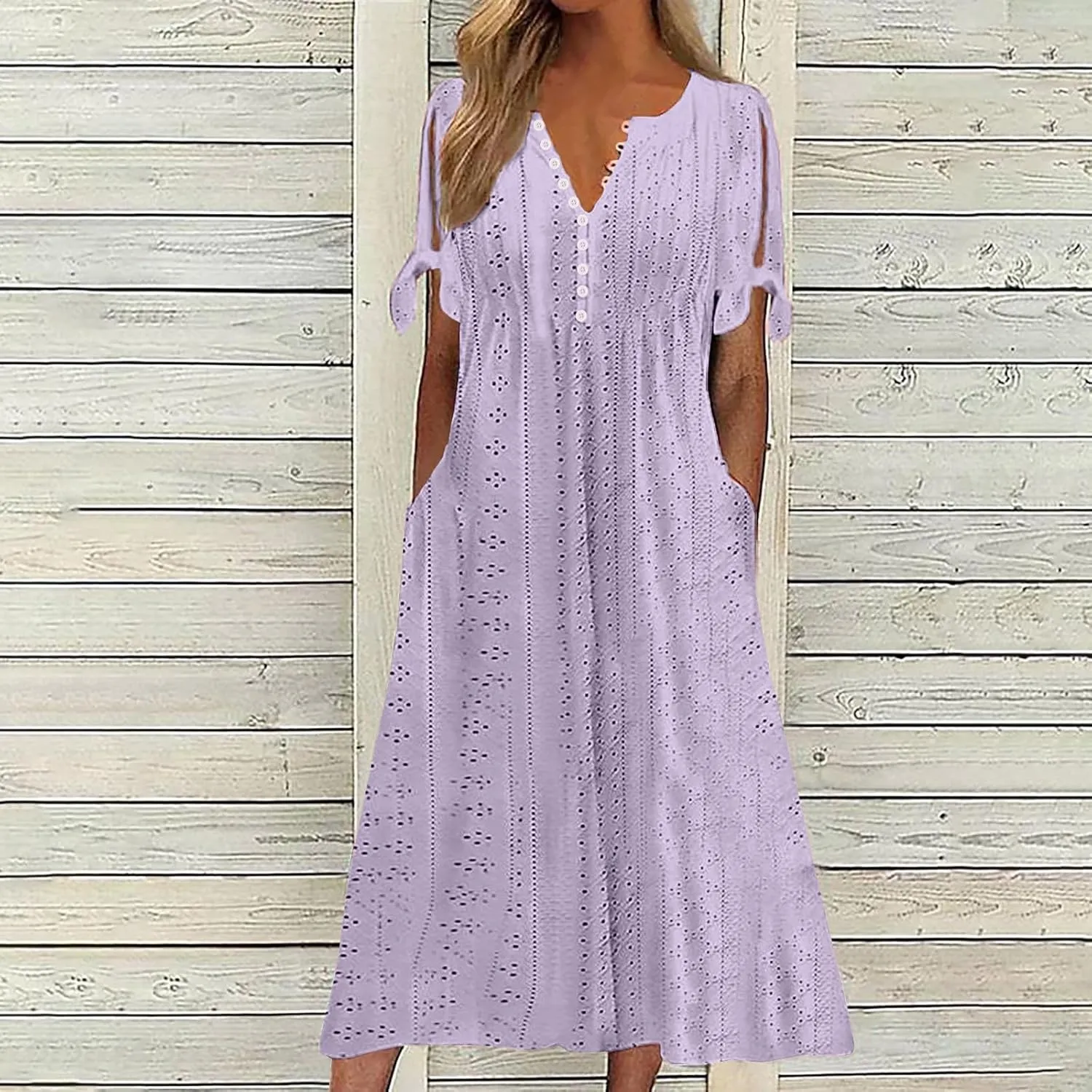 Womens Summer Dresses Casual Eyelet Boho Maxi Dress Flowy Button V-Neck Beach Sundress Trendy Long Dress with Pockets