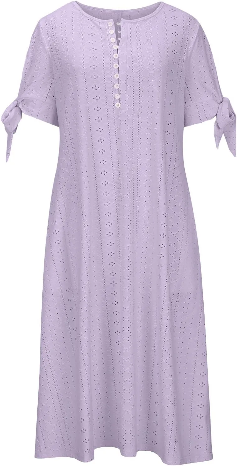 Womens Summer Dresses Casual Eyelet Boho Maxi Dress Flowy Button V-Neck Beach Sundress Trendy Long Dress with Pockets