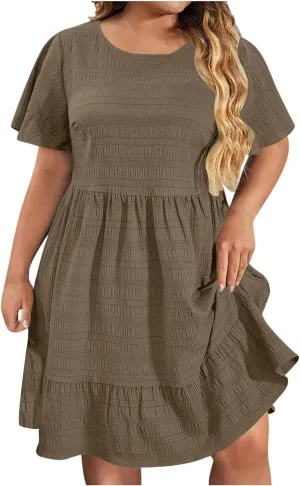 Womens Summer Dresses Fashion Plus Size Ruffle Short Sleeve Crewneck Midi Dress Casual Party Beach Vacation Dresses