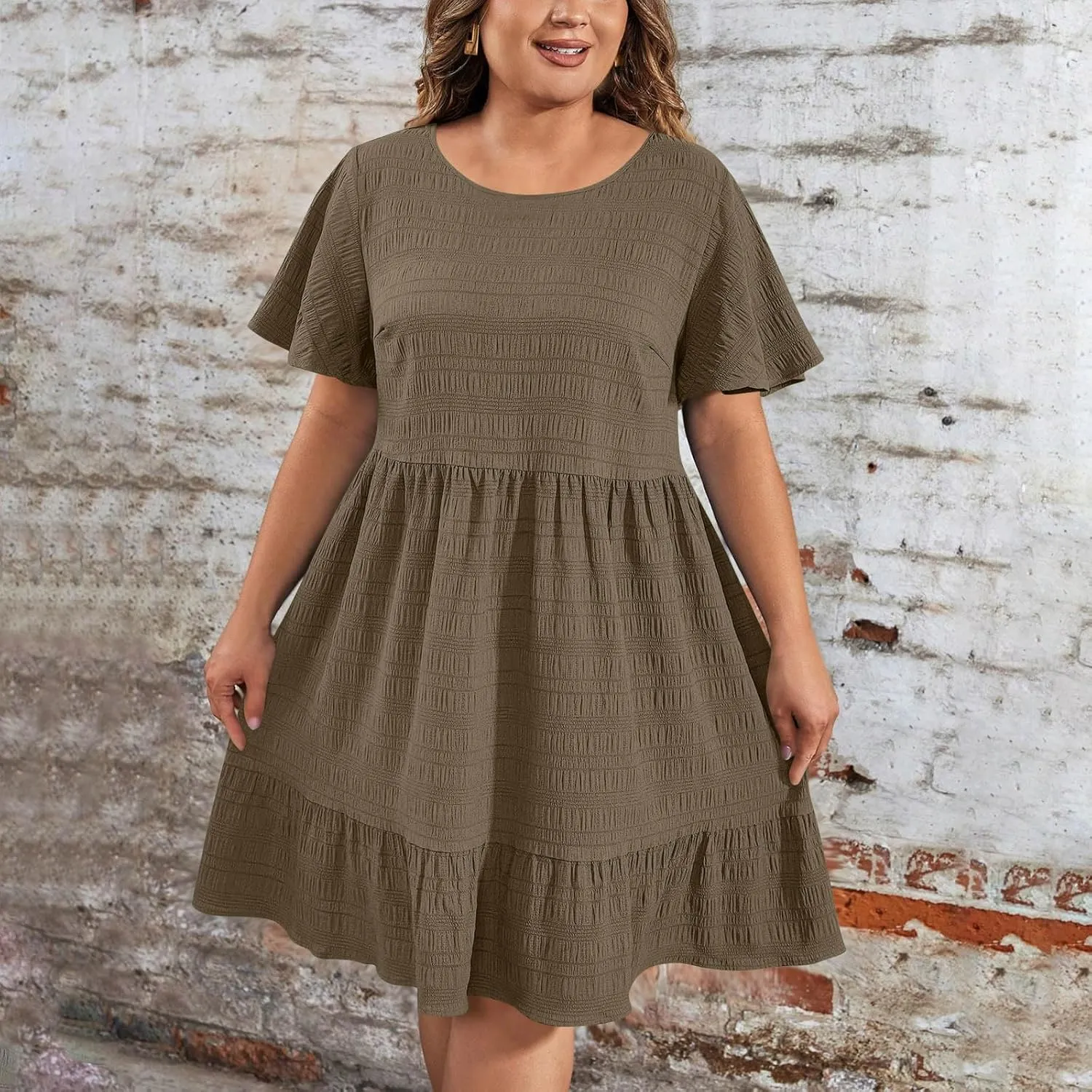 Womens Summer Dresses Fashion Plus Size Ruffle Short Sleeve Crewneck Midi Dress Casual Party Beach Vacation Dresses