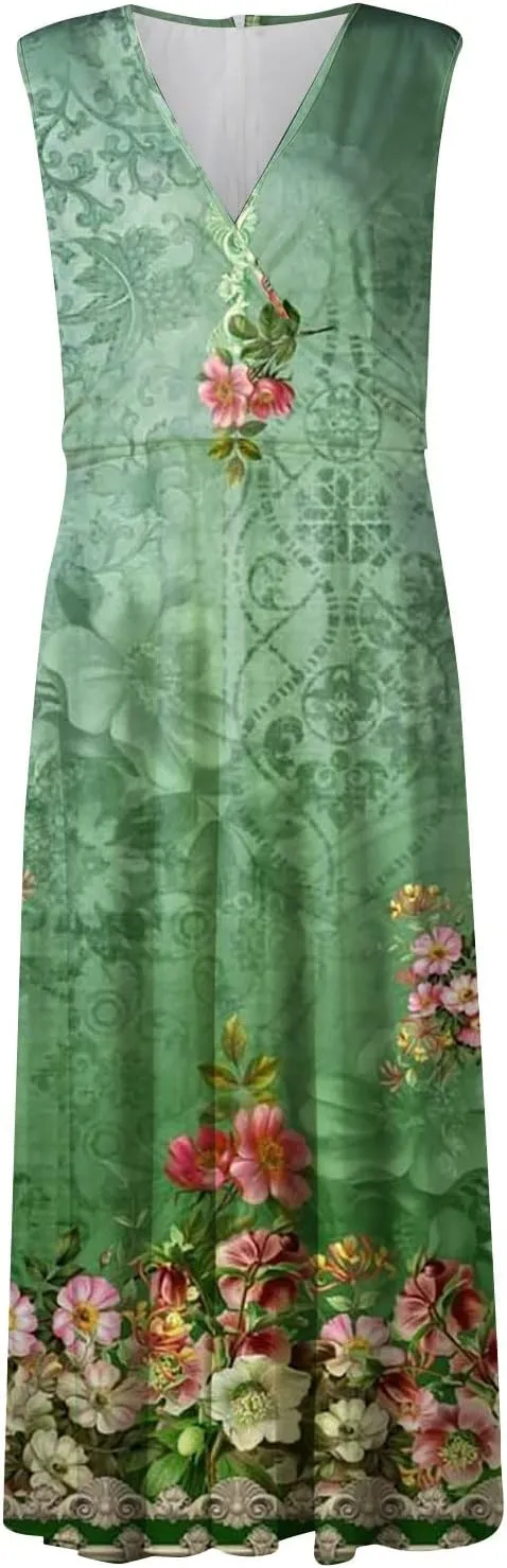 Womens Summer Dresses Floral Print Flowy Ruched Boho Dress Wrap V Neck Sleeveless Maxi Dress High Waist Sundress