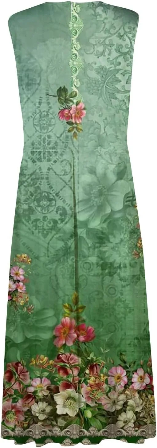 Womens Summer Dresses Floral Print Flowy Ruched Boho Dress Wrap V Neck Sleeveless Maxi Dress High Waist Sundress