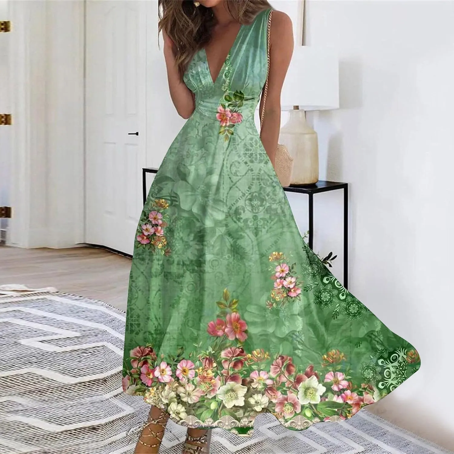 Womens Summer Dresses Floral Print Flowy Ruched Boho Dress Wrap V Neck Sleeveless Maxi Dress High Waist Sundress