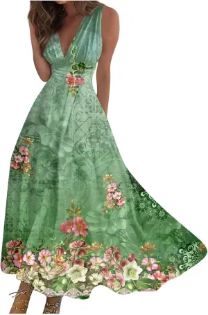 Womens Summer Dresses Floral Print Flowy Ruched Boho Dress Wrap V Neck Sleeveless Maxi Dress High Waist Sundress