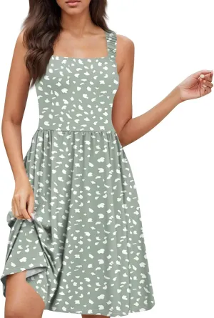 Womens Summer Dresses Flowy Sundresses Beach Prited Sleeveless Mini Dress Loose Tshirt Tank Dresses with Pockets
