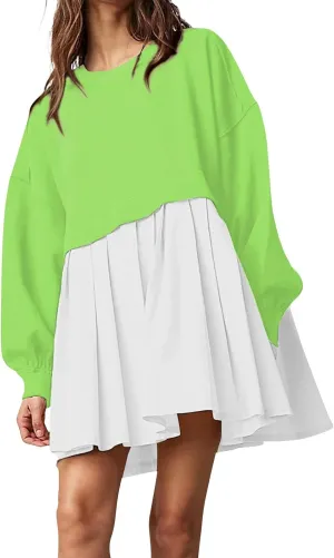 Womens Summer Dresses Oversized Sweatshirt Dress Neck Long Sleeve Patchwork Pullover Tops Sweatshirt Dress