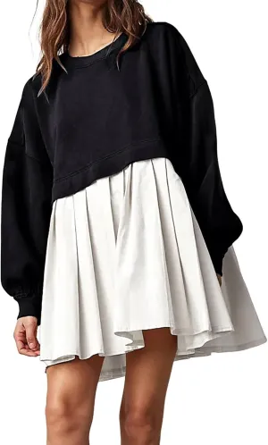 Womens Summer Dresses Oversized Sweatshirt Dress Neck Long Sleeve Patchwork Pullover Tops Sweatshirt Dress