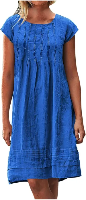 Womens Summer Dresses Short Sleeve Linen Dress Crewneck Tshirt Dress Pleated Sundress Casual Beach Vacation Outfits