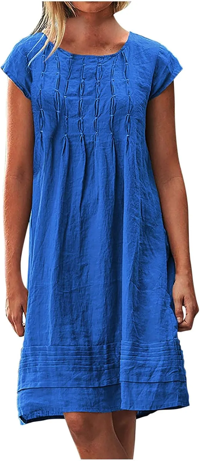 Womens Summer Dresses Short Sleeve Linen Dress Crewneck Tshirt Dress Pleated Sundress Casual Beach Vacation Outfits