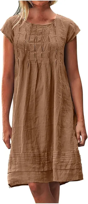 Womens Summer Dresses Short Sleeve Linen Dress Crewneck Tshirt Dress Pleated Sundress Casual Beach Vacation Outfits