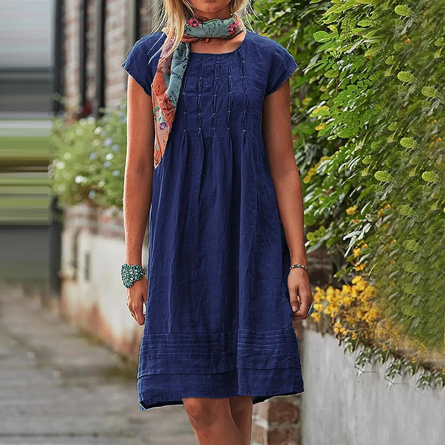 Womens Summer Dresses Short Sleeve Linen Dress Crewneck Tshirt Dress Pleated Sundress Casual Beach Vacation Outfits