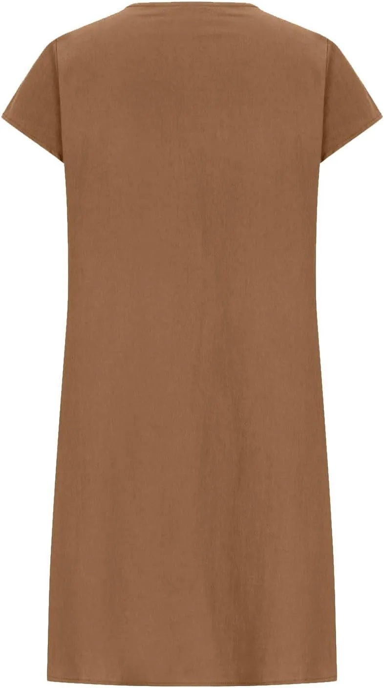 Womens Summer Dresses Short Sleeve Linen Dress Crewneck Tshirt Dress Pleated Sundress Casual Beach Vacation Outfits