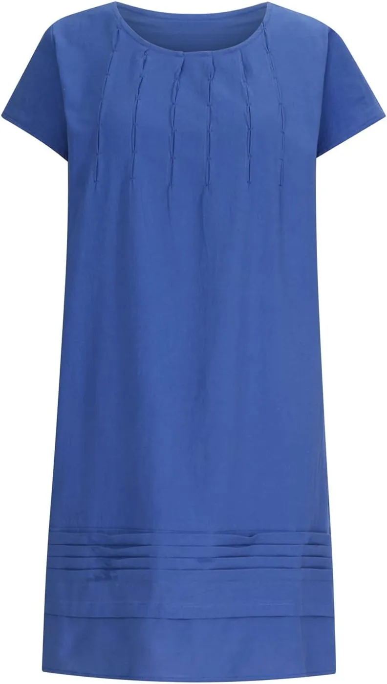 Womens Summer Dresses Short Sleeve Linen Dress Crewneck Tshirt Dress Pleated Sundress Casual Beach Vacation Outfits