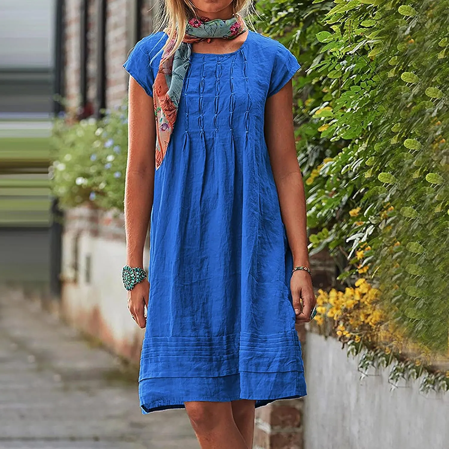 Womens Summer Dresses Short Sleeve Linen Dress Crewneck Tshirt Dress Pleated Sundress Casual Beach Vacation Outfits