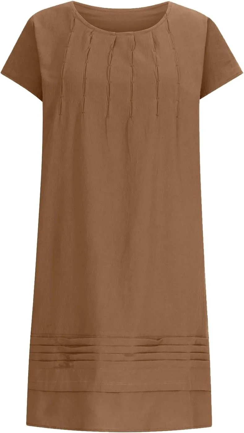Womens Summer Dresses Short Sleeve Linen Dress Crewneck Tshirt Dress Pleated Sundress Casual Beach Vacation Outfits