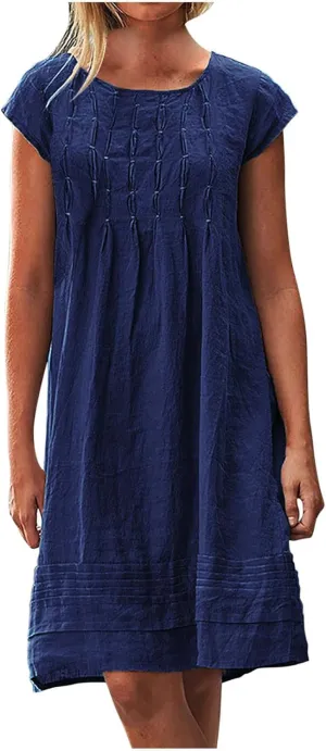 Womens Summer Dresses Short Sleeve Linen Dress Crewneck Tshirt Dress Pleated Sundress Casual Beach Vacation Outfits