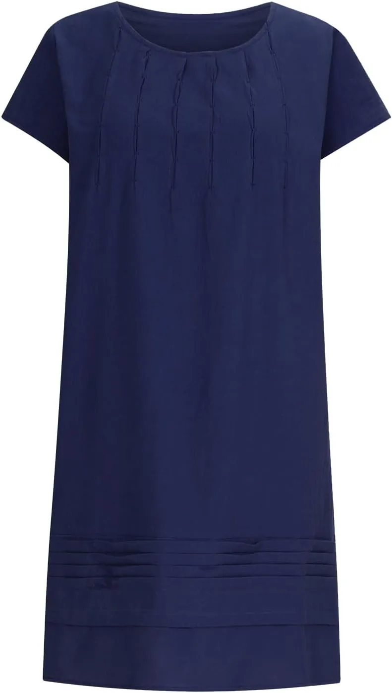 Womens Summer Dresses Short Sleeve Linen Dress Crewneck Tshirt Dress Pleated Sundress Casual Beach Vacation Outfits