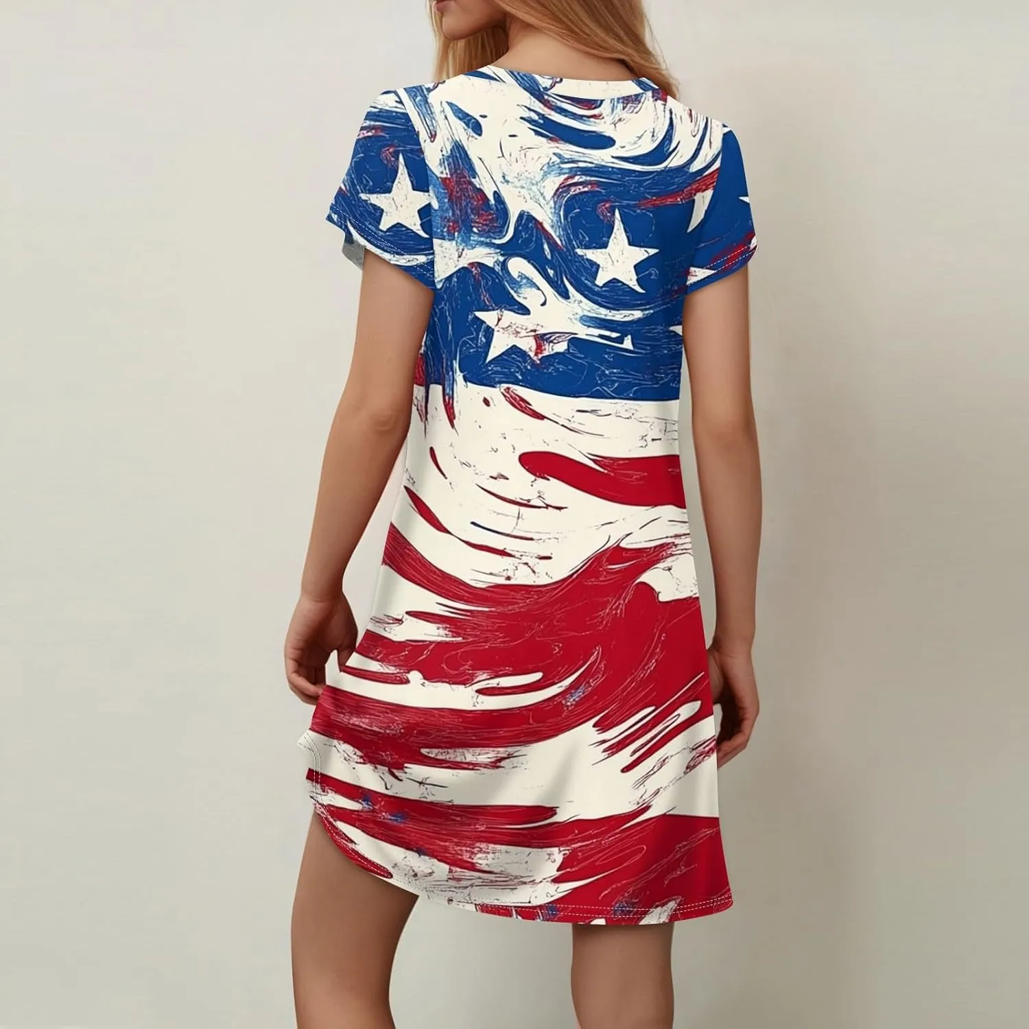 Women's Summer Dresses Short Sleeve V Neck Loose Fit Independence Day Print Swing Sundress with Pockets