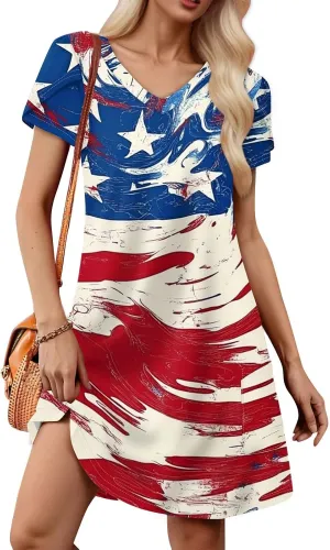 Women's Summer Dresses Short Sleeve V Neck Loose Fit Independence Day Print Swing Sundress with Pockets