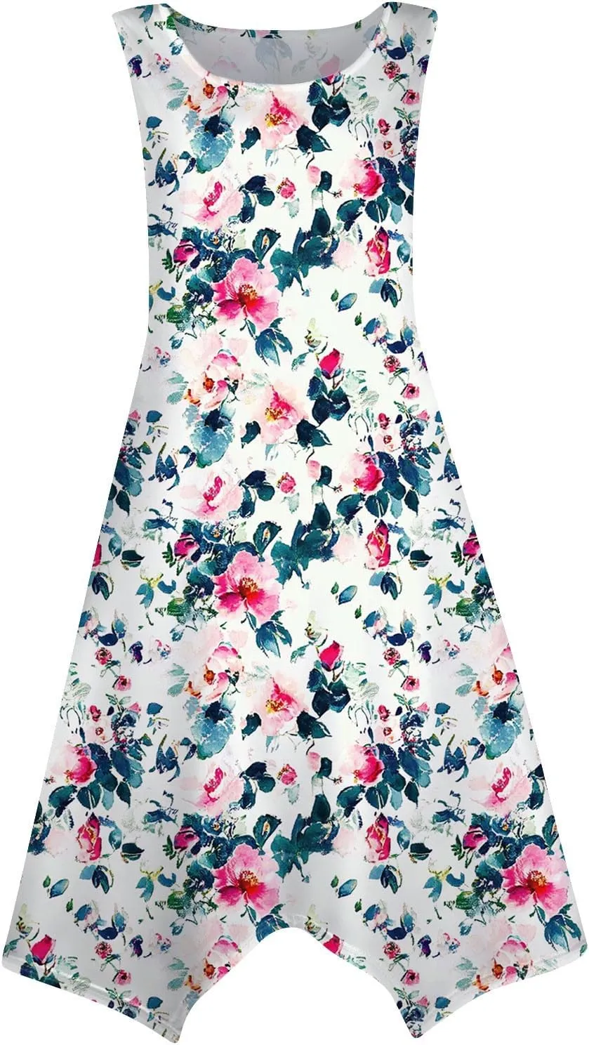 Womens Summer Dresses Sleeveless Round Neck Midi Dress Boho Floral Printed Irregular Hem Flowy Beach Sundress