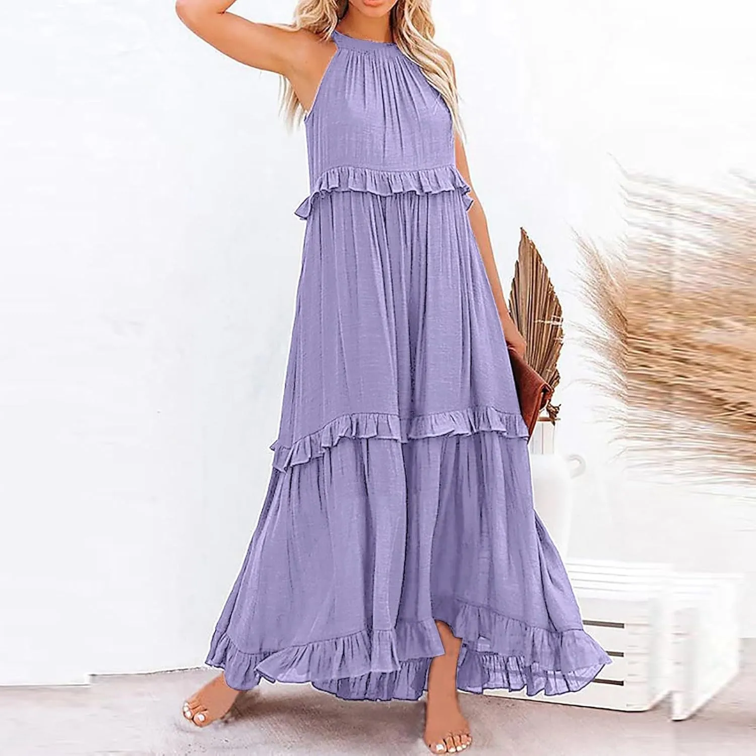 Womens Summer Floral Maxi Dresses Sleeveless Beach Wedding Guest Dress Drawstring Ruffle Long Flowy Dress