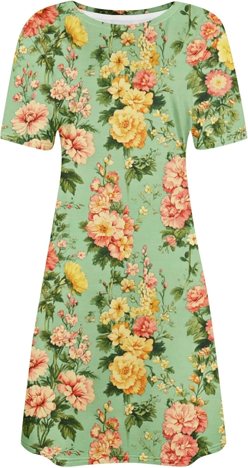 Womens Summer Floral Printed T-Shirt Dresses Casual Pleated Short Sleeve A-Line Beach Dress Flowy Vacation Dresses