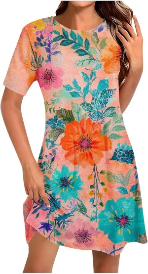 Womens Summer Floral Printed T-Shirt Dresses Casual Pleated Short Sleeve A-Line Beach Dress Flowy Vacation Dresses