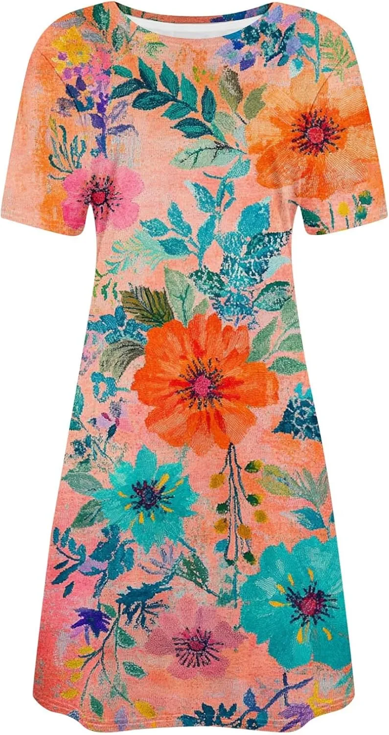 Womens Summer Floral Printed T-Shirt Dresses Casual Pleated Short Sleeve A-Line Beach Dress Flowy Vacation Dresses