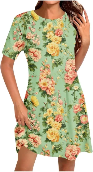 Womens Summer Floral Printed T-Shirt Dresses Casual Pleated Short Sleeve A-Line Beach Dress Flowy Vacation Dresses