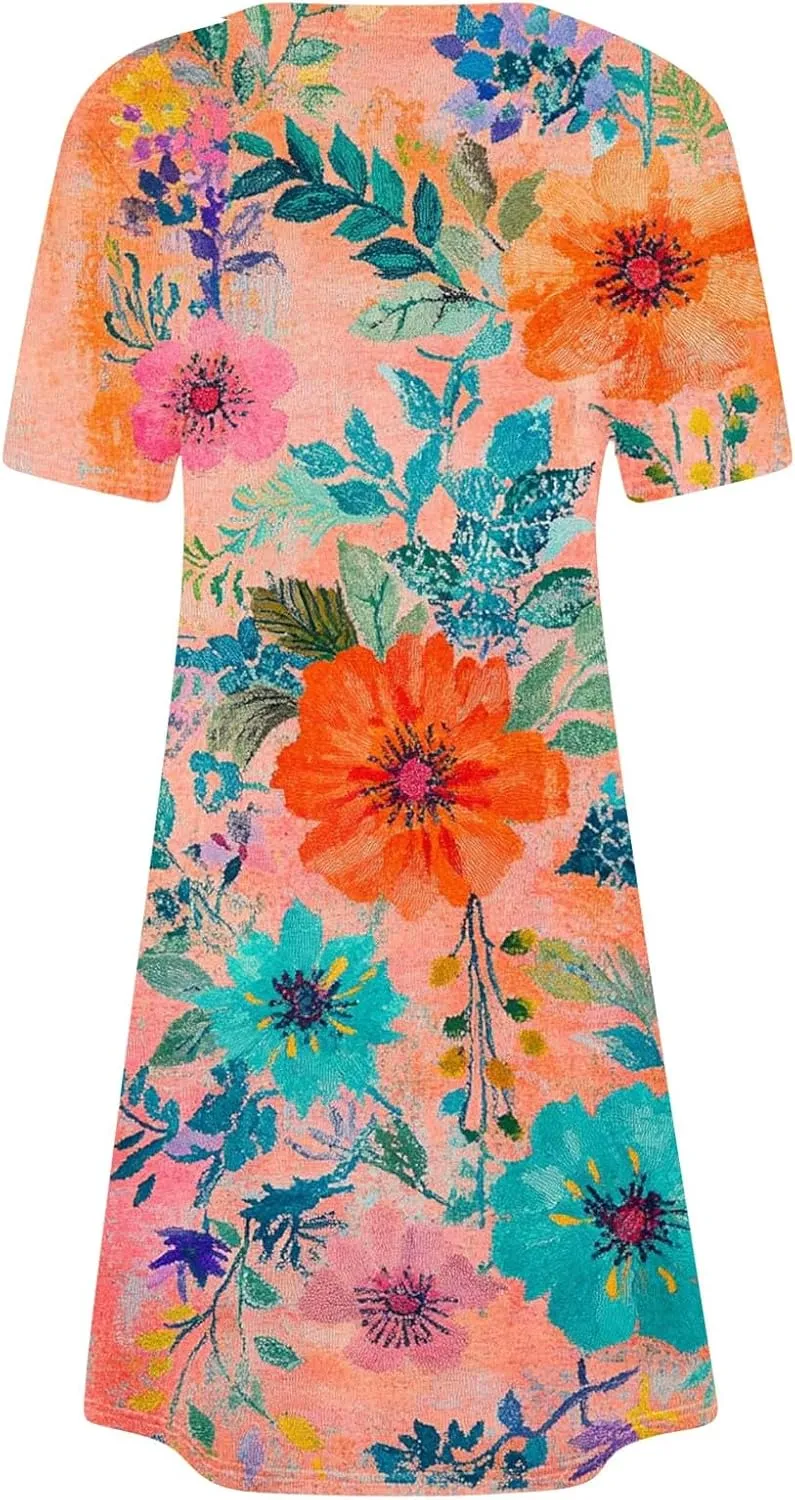 Womens Summer Floral Printed T-Shirt Dresses Casual Pleated Short Sleeve A-Line Beach Dress Flowy Vacation Dresses