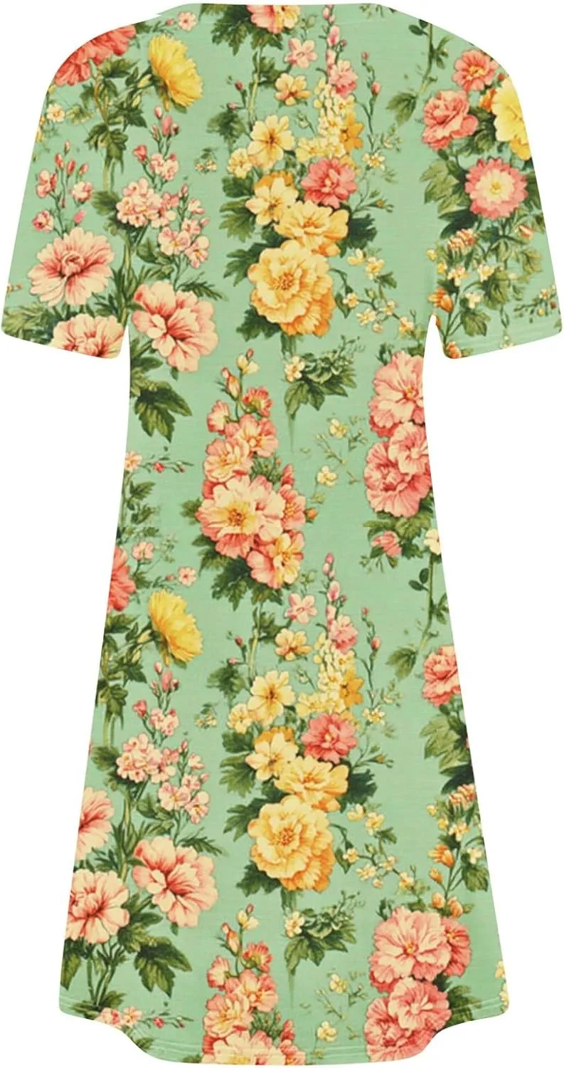 Womens Summer Floral Printed T-Shirt Dresses Casual Pleated Short Sleeve A-Line Beach Dress Flowy Vacation Dresses