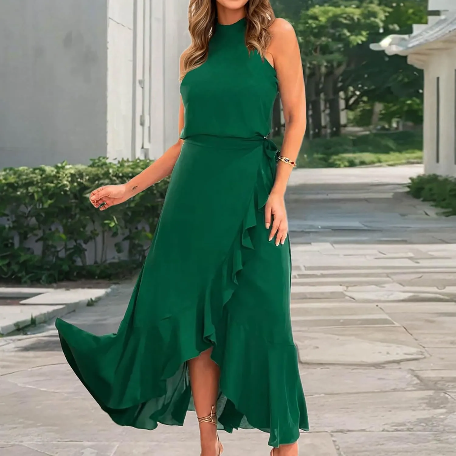Women's Summer Halter Chiffon Maxi Dresses Sleeveless Side Slit A Line Flowy Ruffle Hem Beach Vacation Sundress