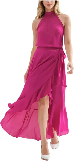 Women's Summer Halter Chiffon Maxi Dresses Sleeveless Side Slit A Line Flowy Ruffle Hem Beach Vacation Sundress