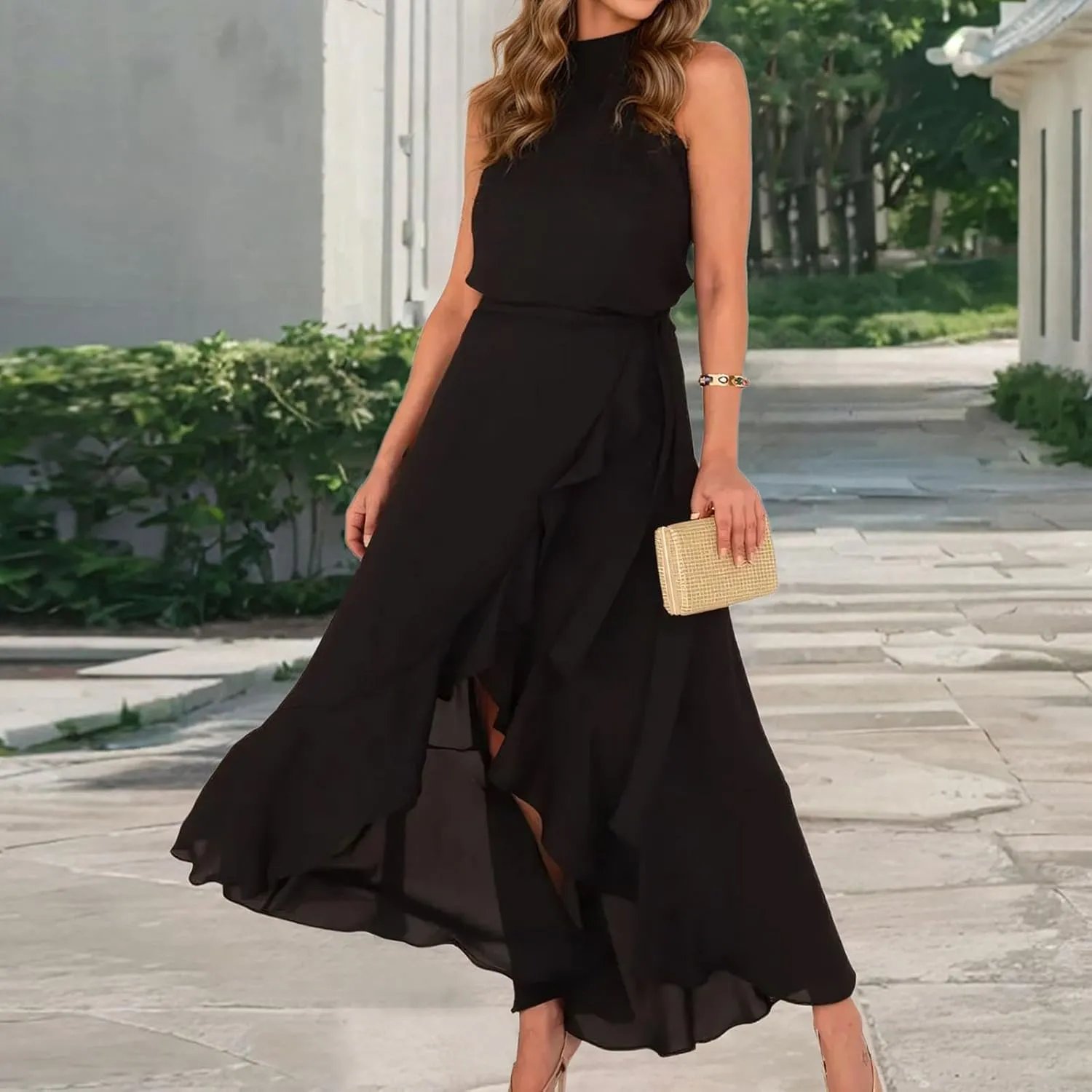 Women's Summer Halter Chiffon Maxi Dresses Sleeveless Side Slit A Line Flowy Ruffle Hem Beach Vacation Sundress