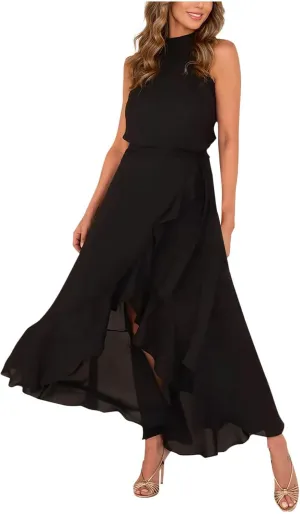 Women's Summer Halter Chiffon Maxi Dresses Sleeveless Side Slit A Line Flowy Ruffle Hem Beach Vacation Sundress
