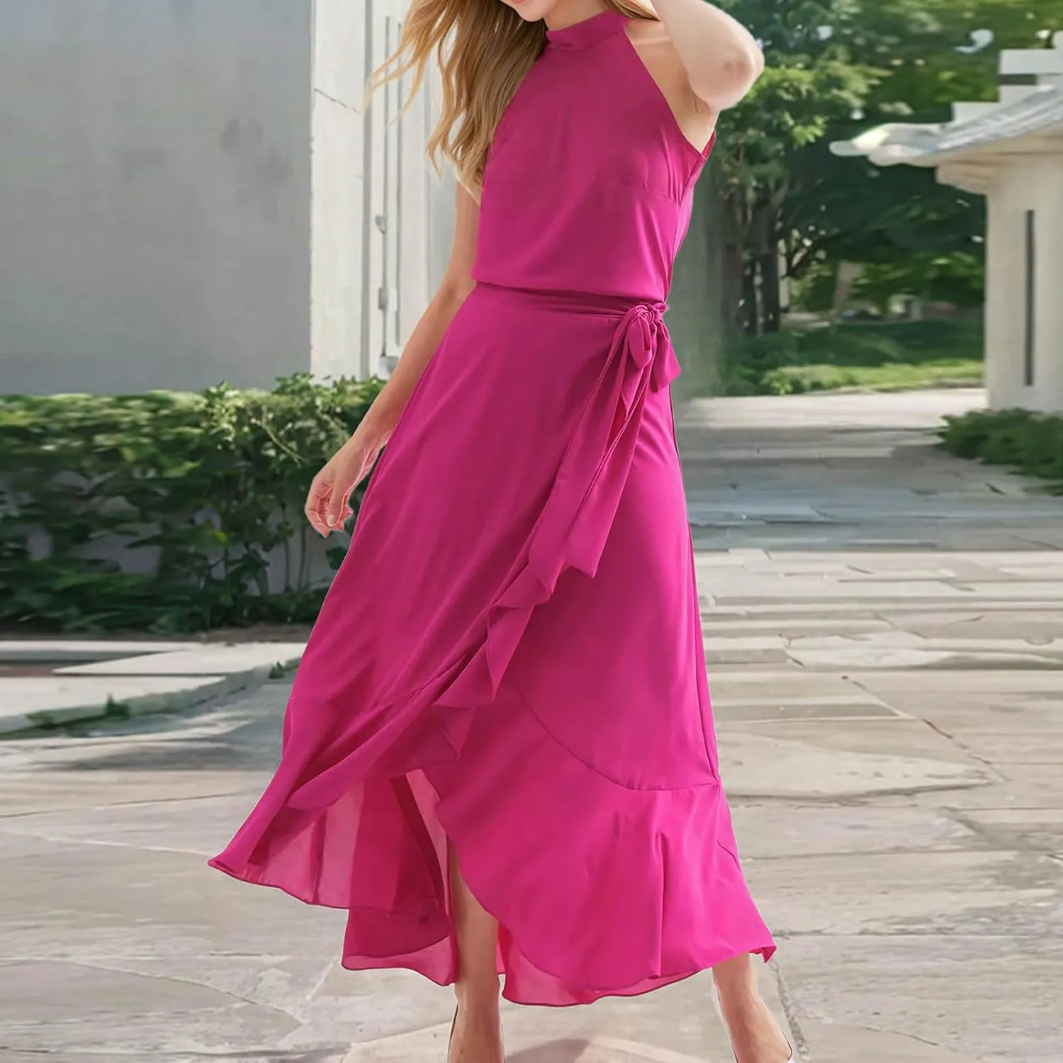 Women's Summer Halter Chiffon Maxi Dresses Sleeveless Side Slit A Line Flowy Ruffle Hem Beach Vacation Sundress
