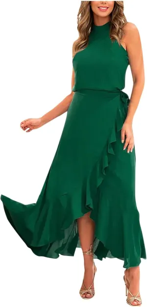 Women's Summer Halter Chiffon Maxi Dresses Sleeveless Side Slit A Line Flowy Ruffle Hem Beach Vacation Sundress