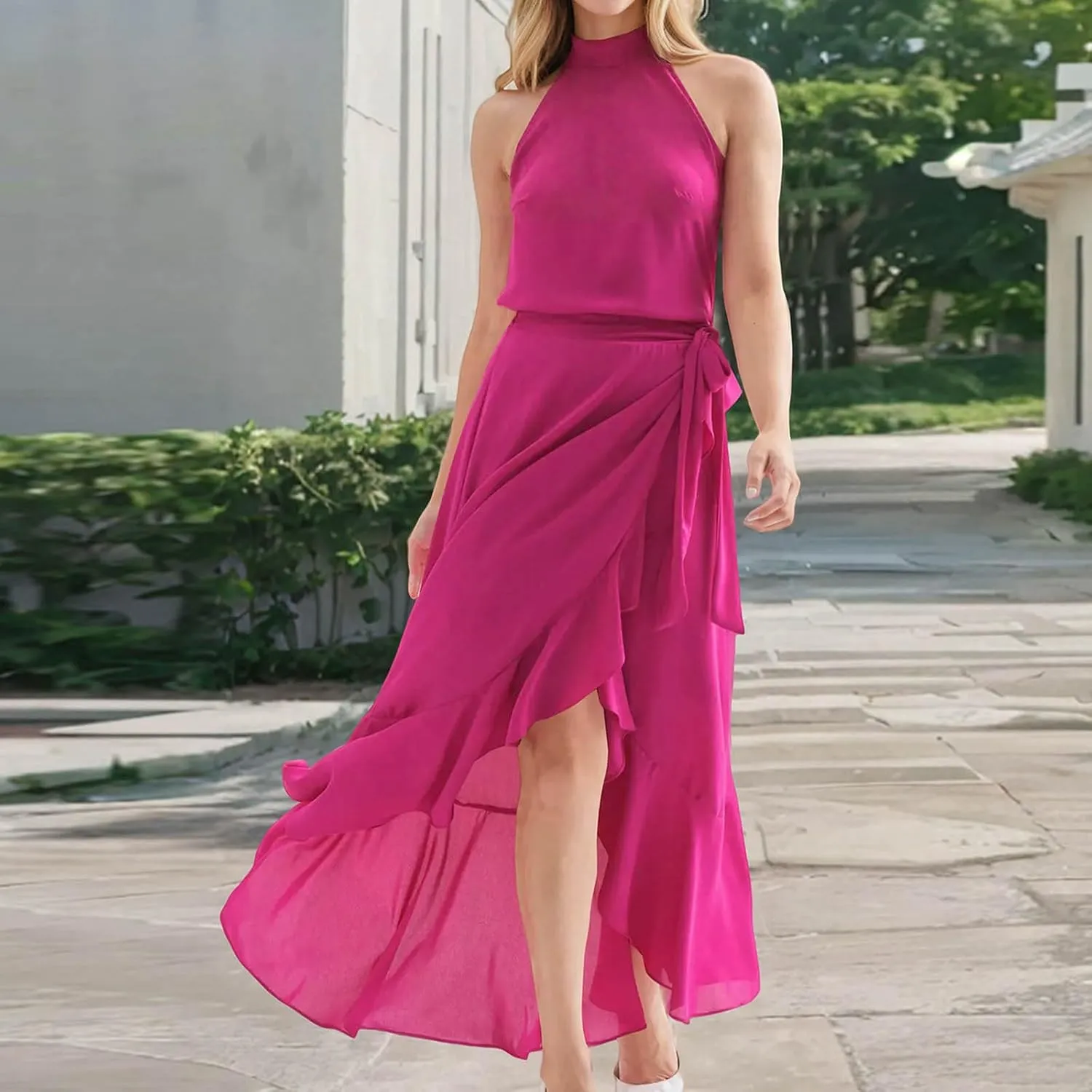 Women's Summer Halter Chiffon Maxi Dresses Sleeveless Side Slit A Line Flowy Ruffle Hem Beach Vacation Sundress