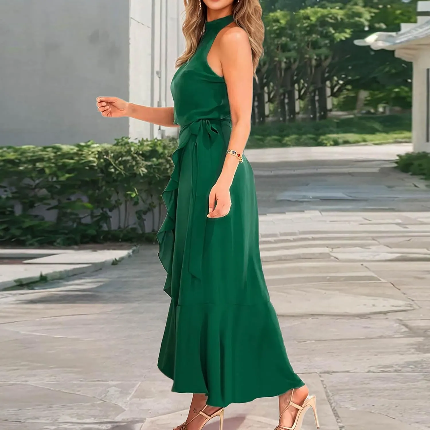 Women's Summer Halter Chiffon Maxi Dresses Sleeveless Side Slit A Line Flowy Ruffle Hem Beach Vacation Sundress