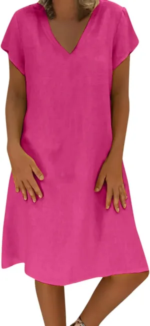 Women's Summer Lightweight Dress V Neck Short Sleeve Shift Midi Dresses Vintage Loose Beach Sundress Tshirts Dress