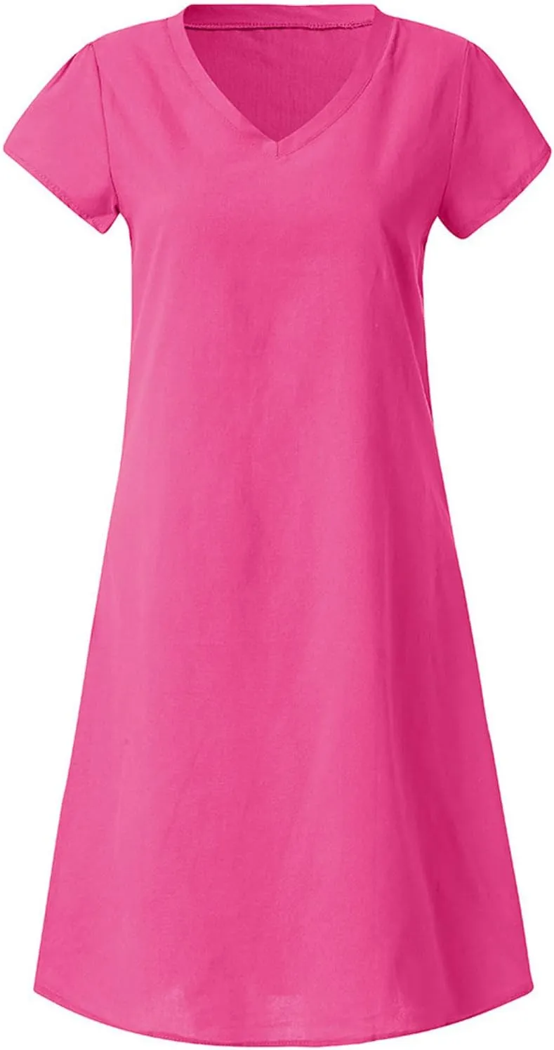 Women's Summer Lightweight Dress V Neck Short Sleeve Shift Midi Dresses Vintage Loose Beach Sundress Tshirts Dress