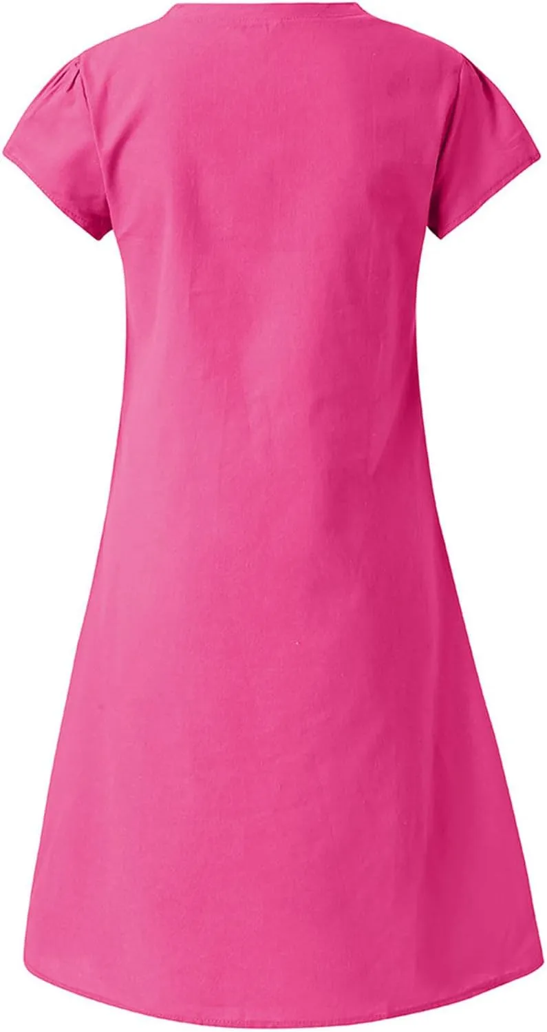 Women's Summer Lightweight Dress V Neck Short Sleeve Shift Midi Dresses Vintage Loose Beach Sundress Tshirts Dress