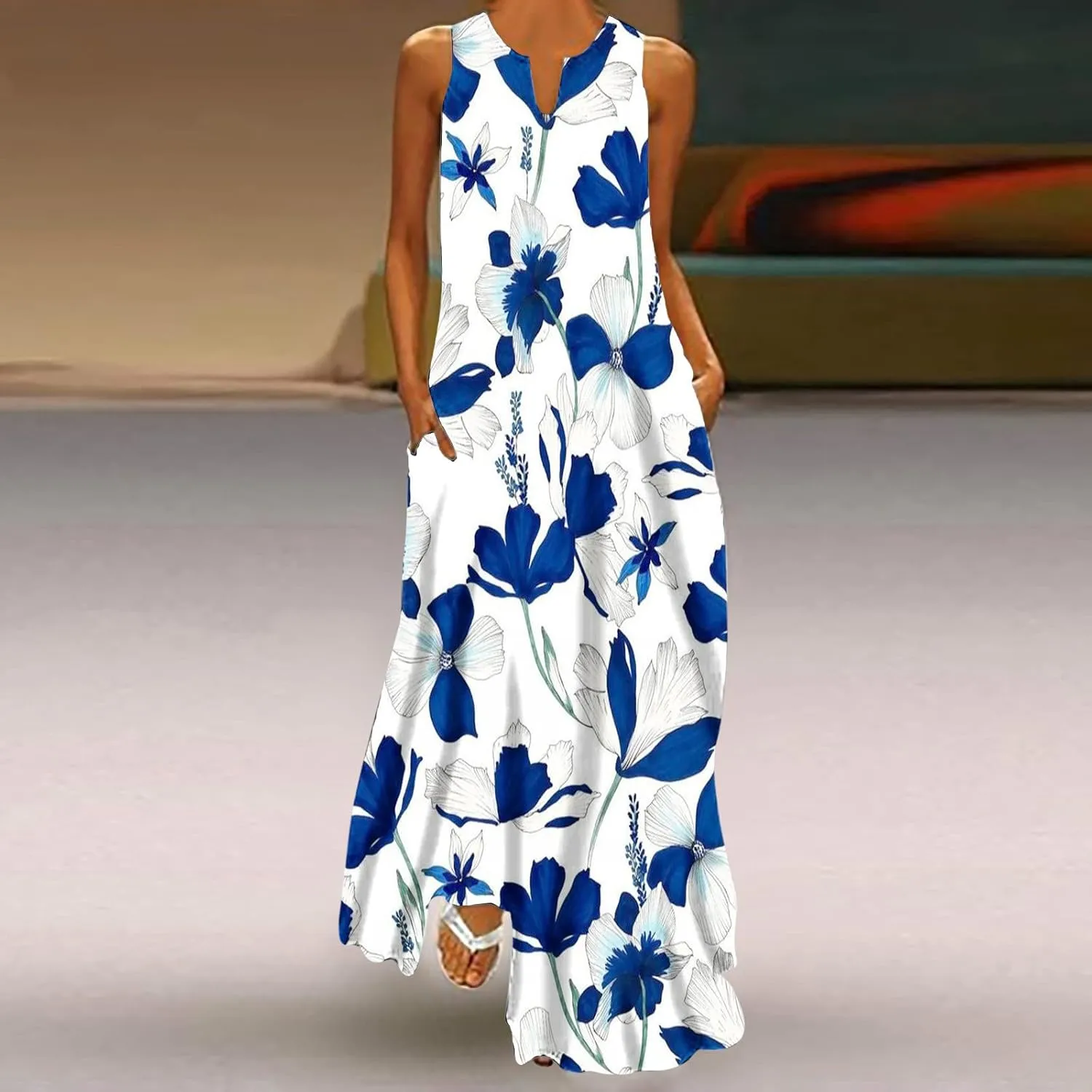 Womens Summer Maxi Dress 2024 Casual V Neck Floral Sleeveless Sun Dress Trendy Beach Vacation Long Flowy Dresses with Pocket