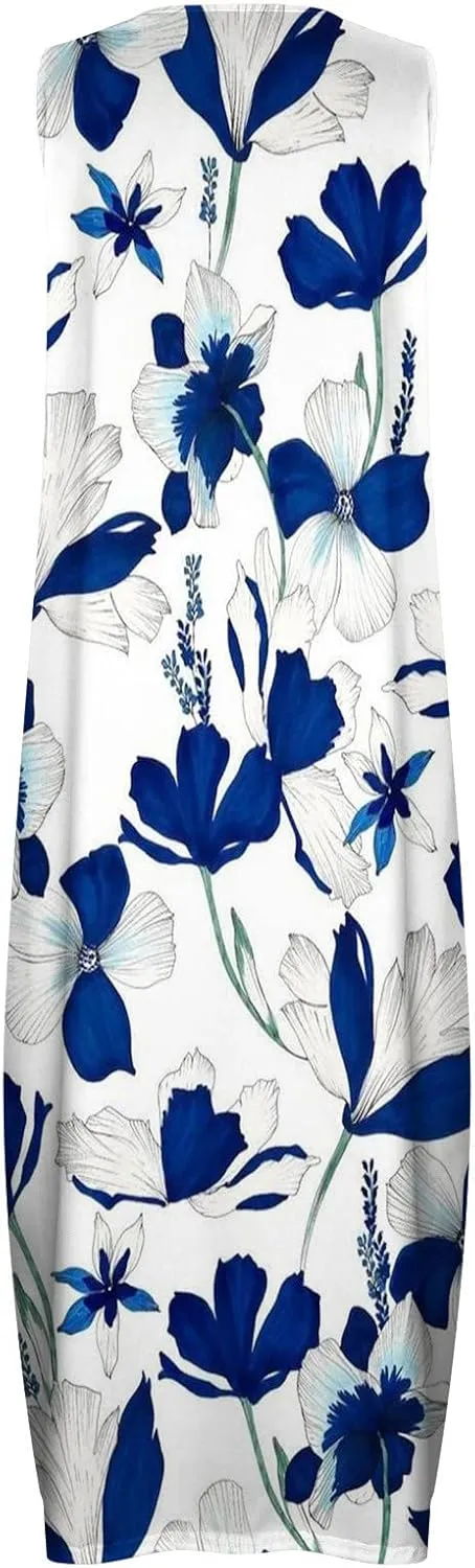 Womens Summer Maxi Dress 2024 Casual V Neck Floral Sleeveless Sun Dress Trendy Beach Vacation Long Flowy Dresses with Pocket