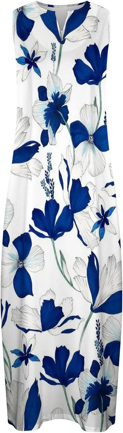 Womens Summer Maxi Dress 2024 Casual V Neck Floral Sleeveless Sun Dress Trendy Beach Vacation Long Flowy Dresses with Pocket