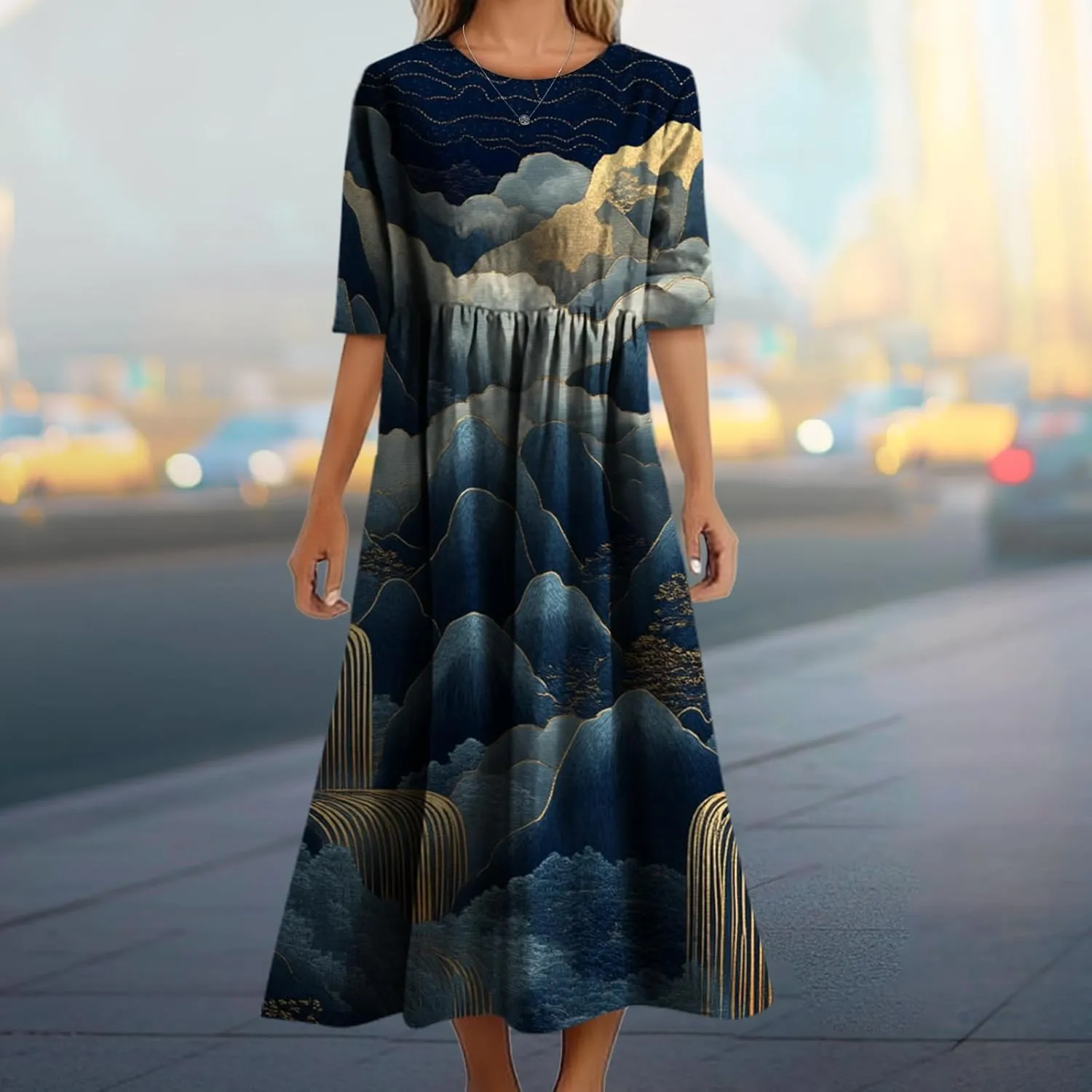 Women's Summer Maxi Dress Casual Boho Stylish Cotton Short Sleeve Flowy High Waist Long Beach Sundress