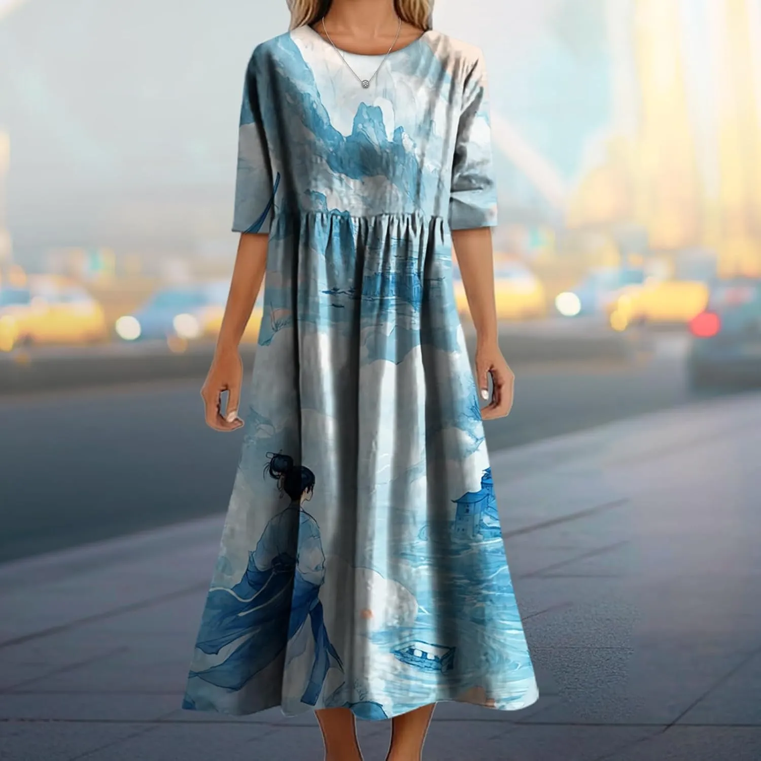Women's Summer Maxi Dress Casual Boho Stylish Cotton Short Sleeve Flowy High Waist Long Beach Sundress