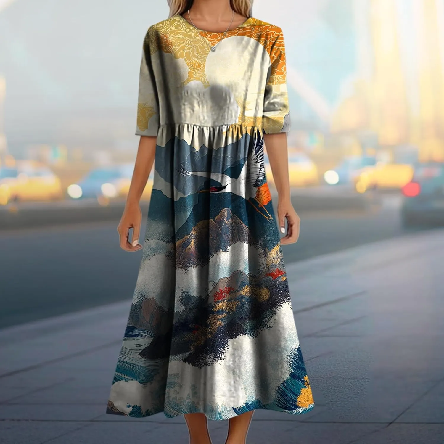 Women's Summer Maxi Dress Casual Boho Stylish Cotton Short Sleeve Flowy High Waist Long Beach Sundress